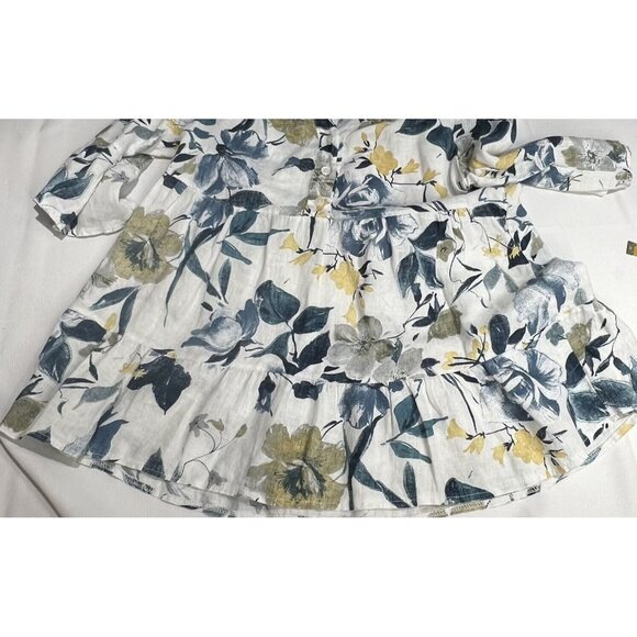 Valentina Naldi Italy Linen Top Sz M Floral Blue 1/2 Bell Sleeve Ruffle Artsy - Picture 10 of 13